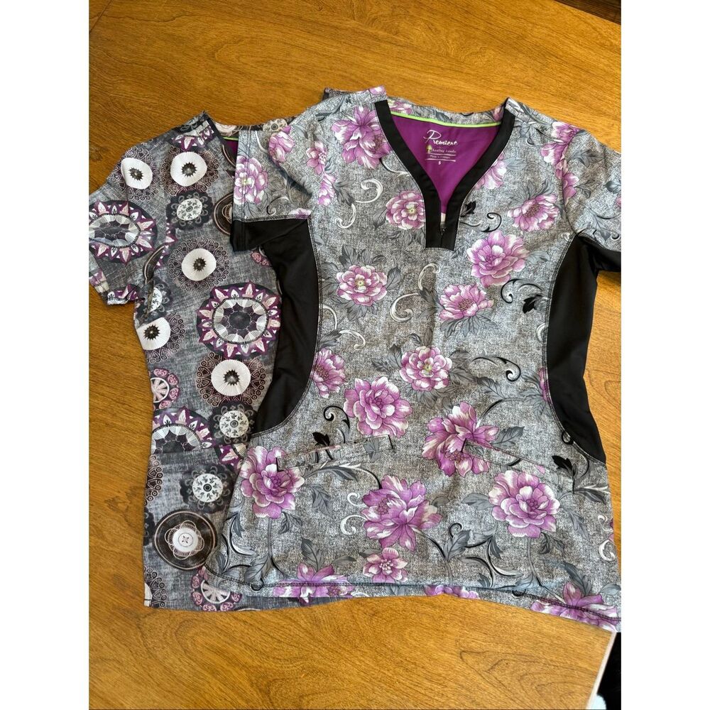 Lot of 2 Premiere by Healing Hands Women's Floral Scrub Tops Purple Gray Small
